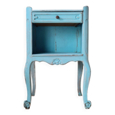 Petit chevet vintage bois patiné bleu azur