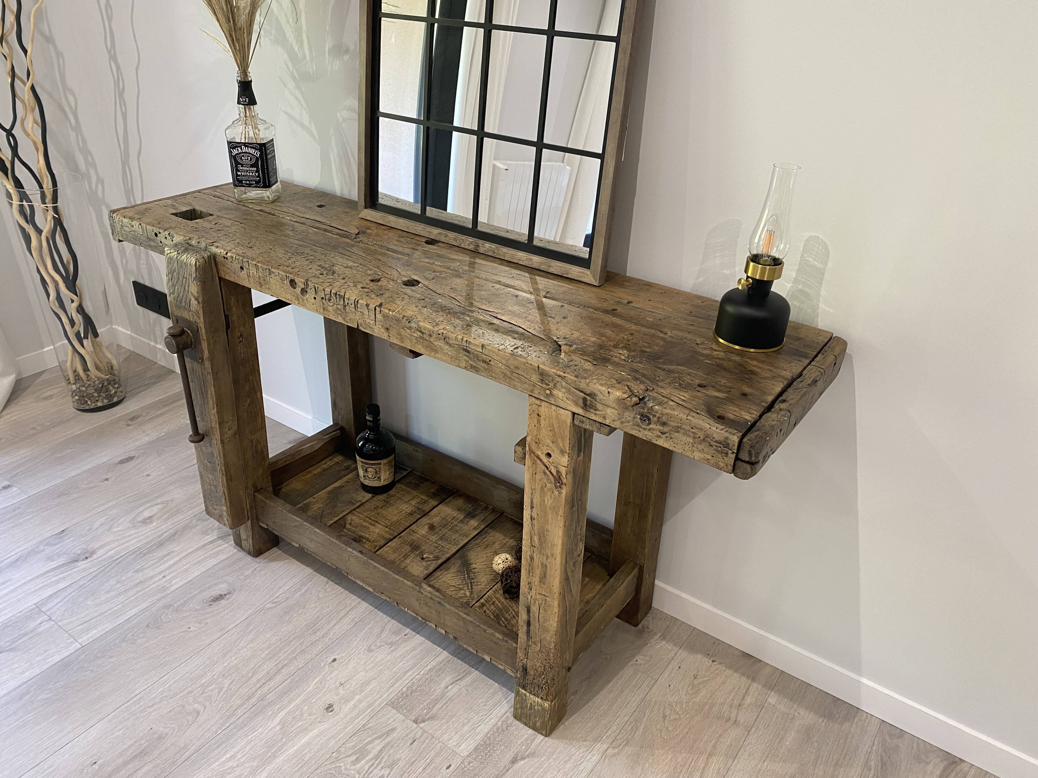 Établi en bois industriel vintage, meuble de métier