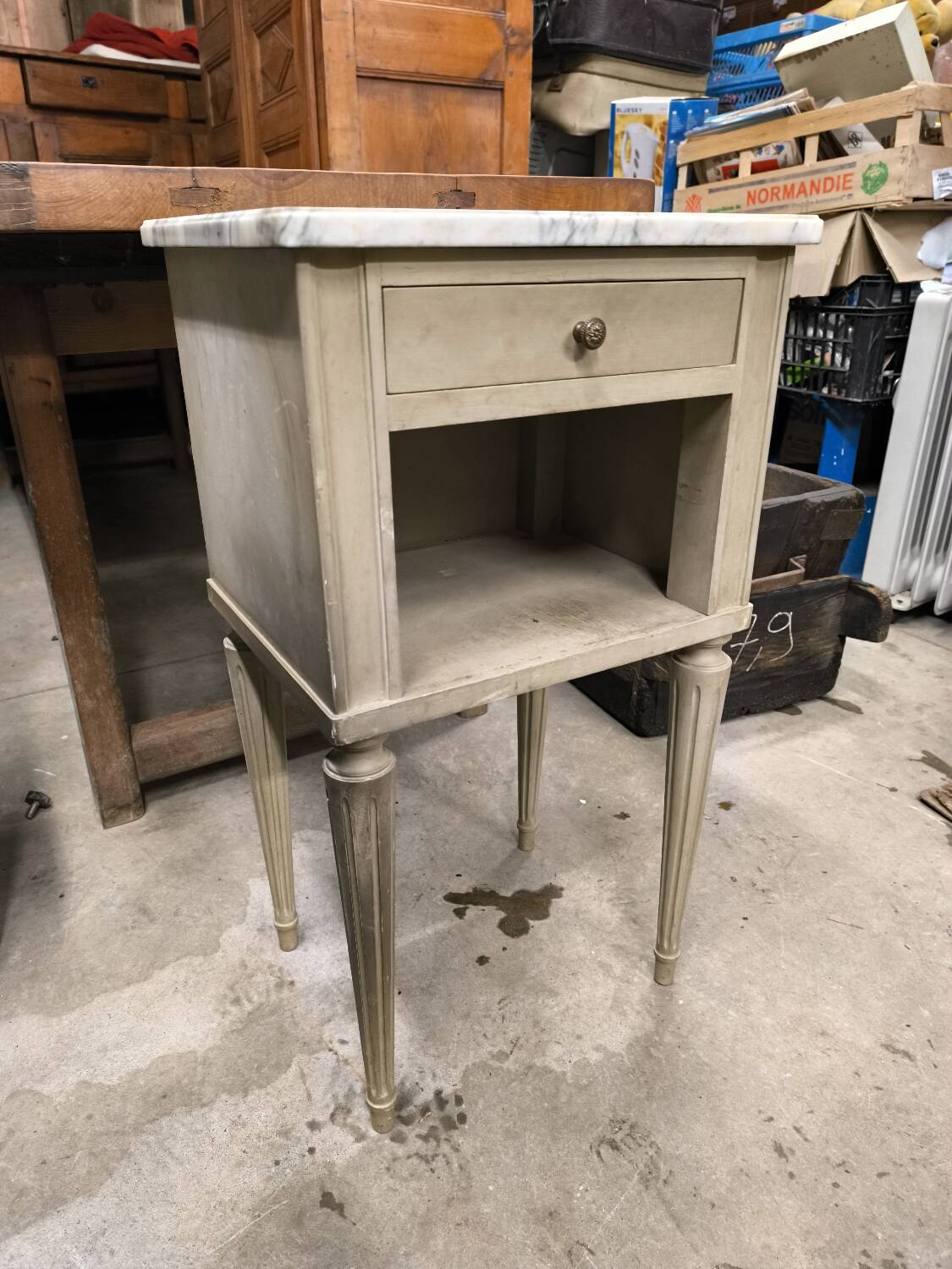 Vintage green patinated bedside table with marble and drawer