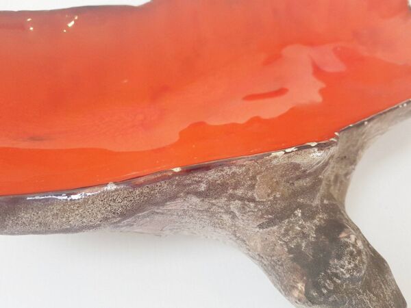 Coupe à fruits céramique rouge & imitation bois vintage 1960