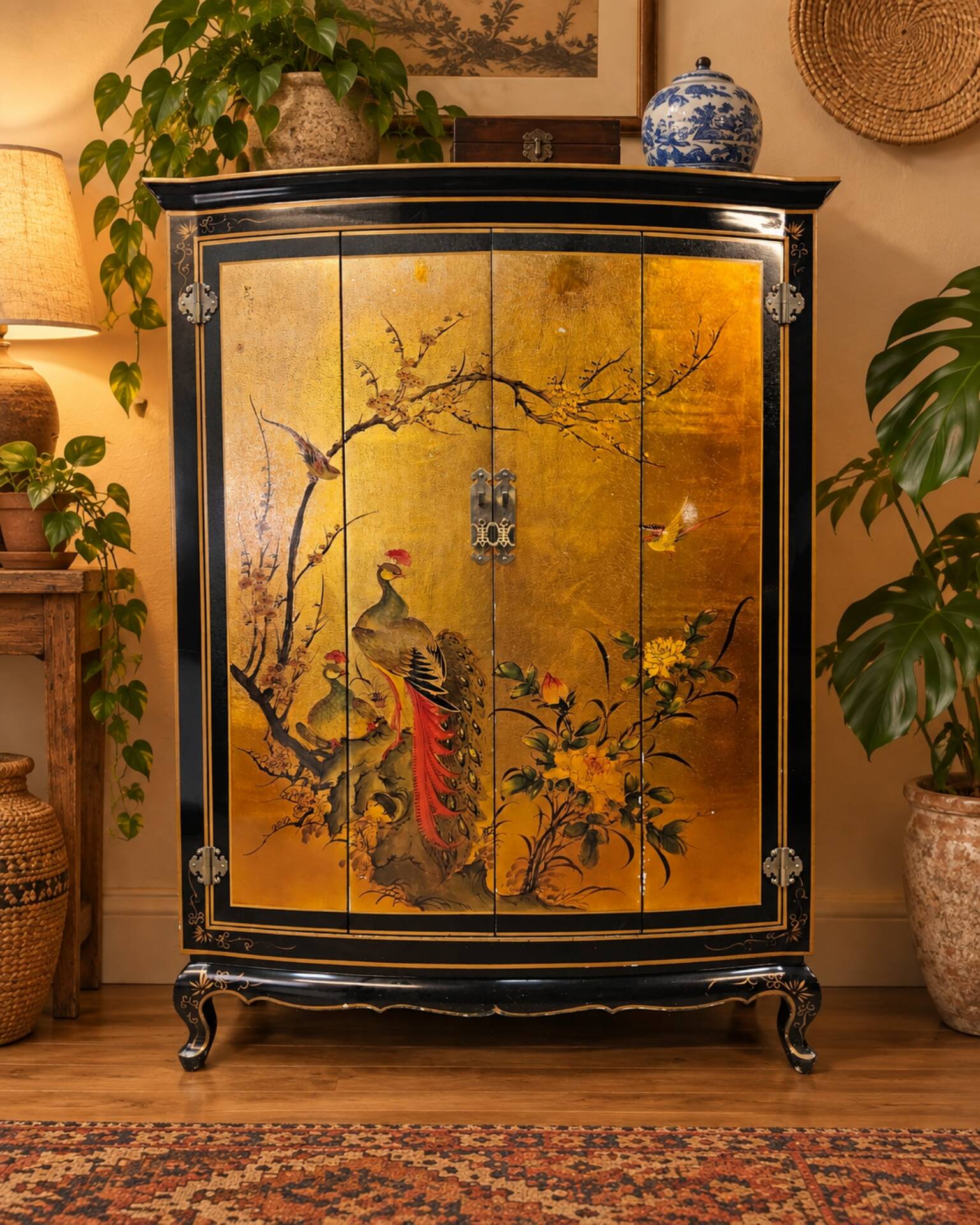 Vintage Chinese cabinet with gold leaf, flowers and peacock/ bohemian