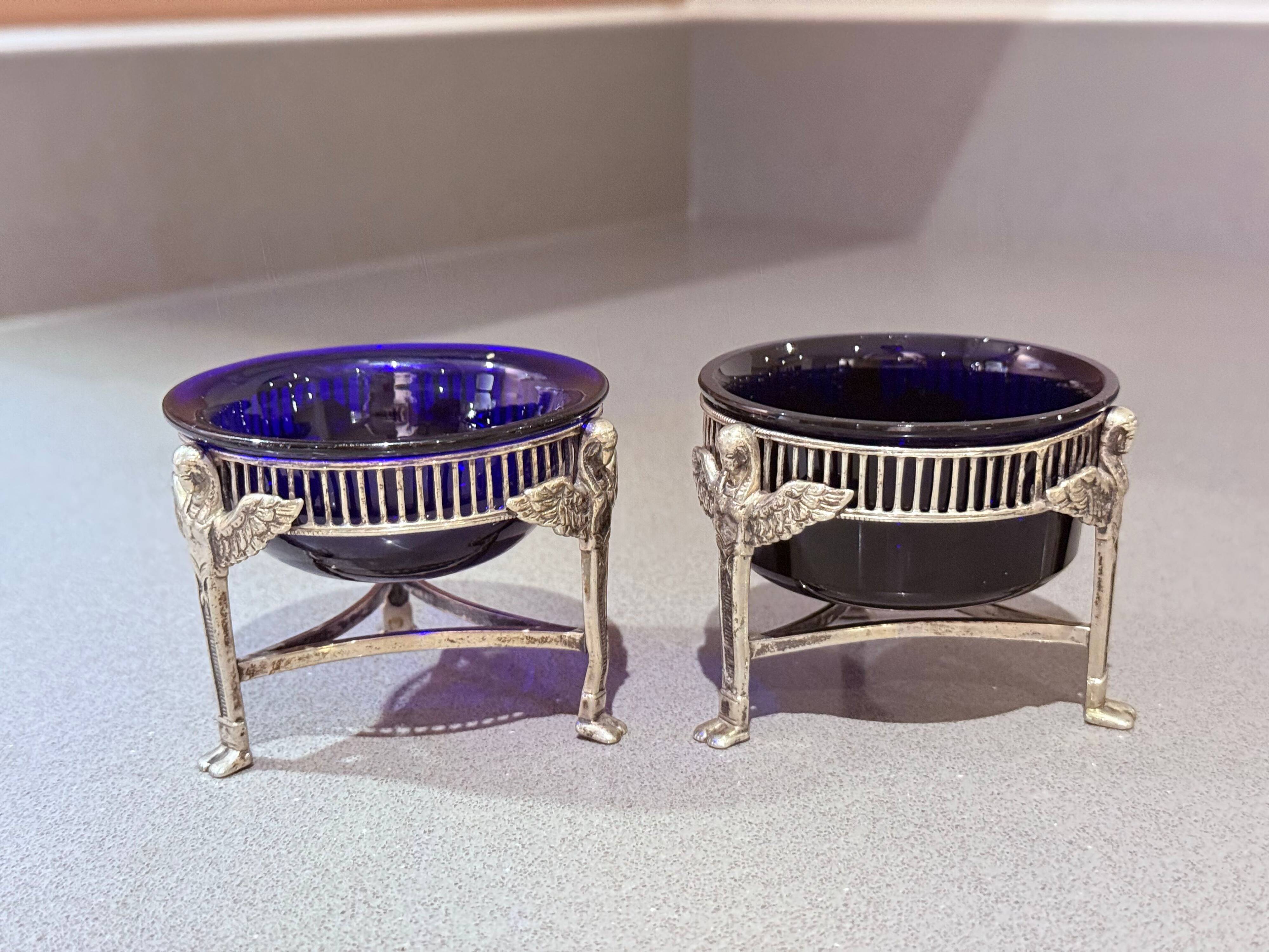 Pair of Vintage Swan-Shaped Salt Cellars, Silver-Plated, with Cobalt Blue Glass Liners