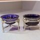 Pair of Vintage Swan-Shaped Salt Cellars, Silver-Plated, with Cobalt Blue Glass Liners