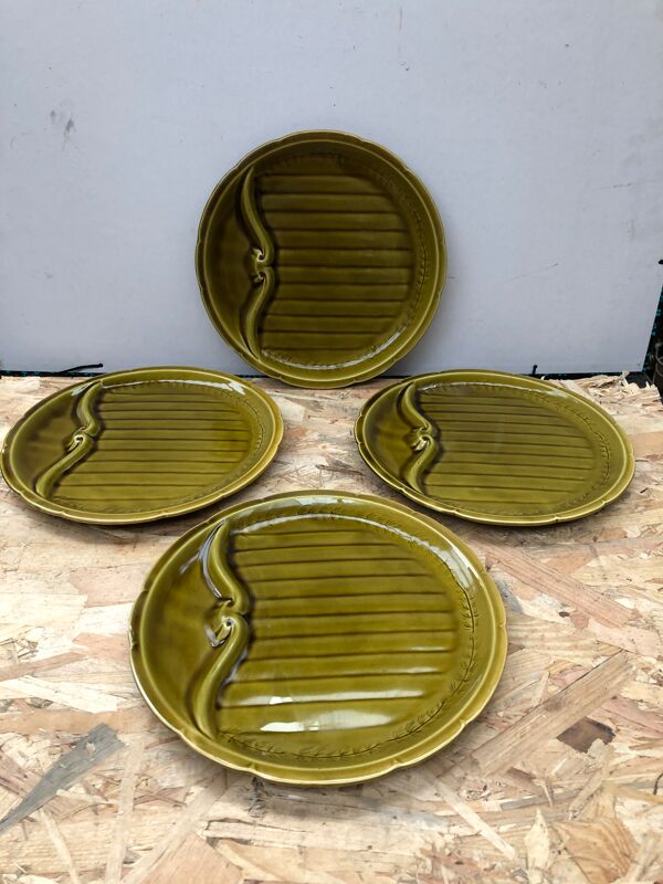 Lot plat + 4 anciennes assiettes asperges gien céramique verte vintage