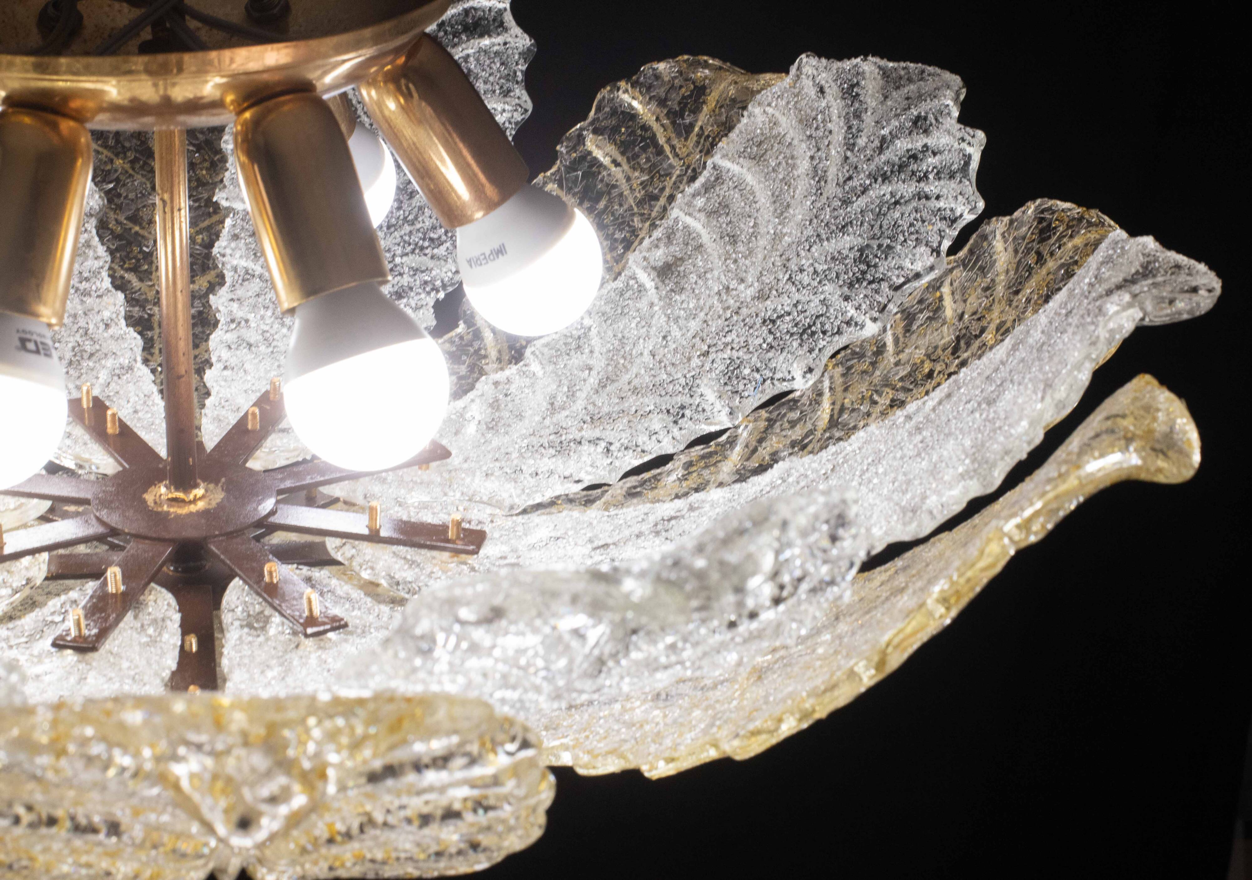 Murano Glass Gold and Transparent Leaves Chandelier or Flush Mount, 1970s