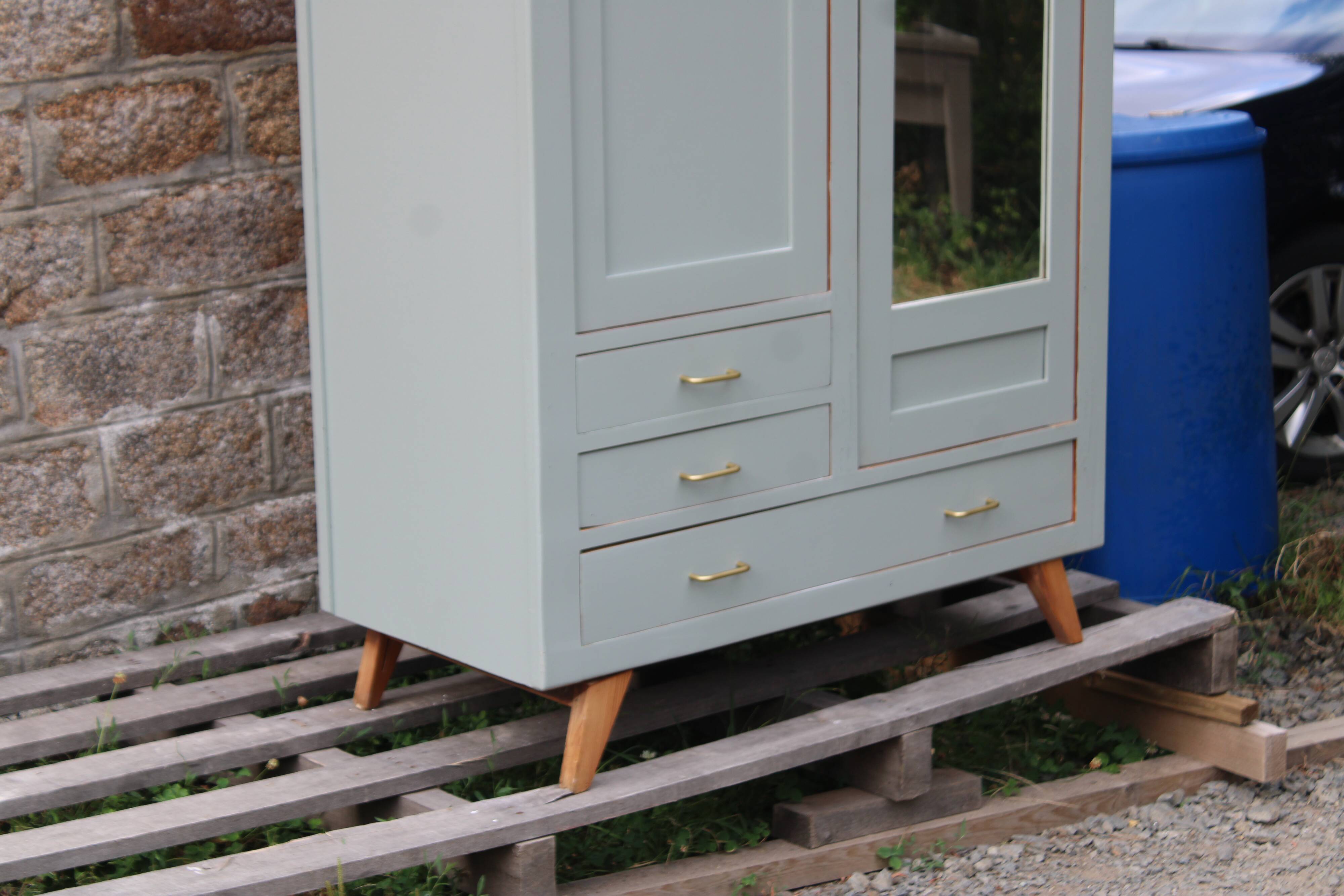 Vintage Parisian wardrobe in sage green – Mirror, hanging space and drawers