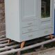 Vintage Parisian wardrobe in sage green – Mirror, hanging space and drawers