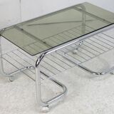 "Space age" coffee table, tubular steel, smoked glass, France, 1970s