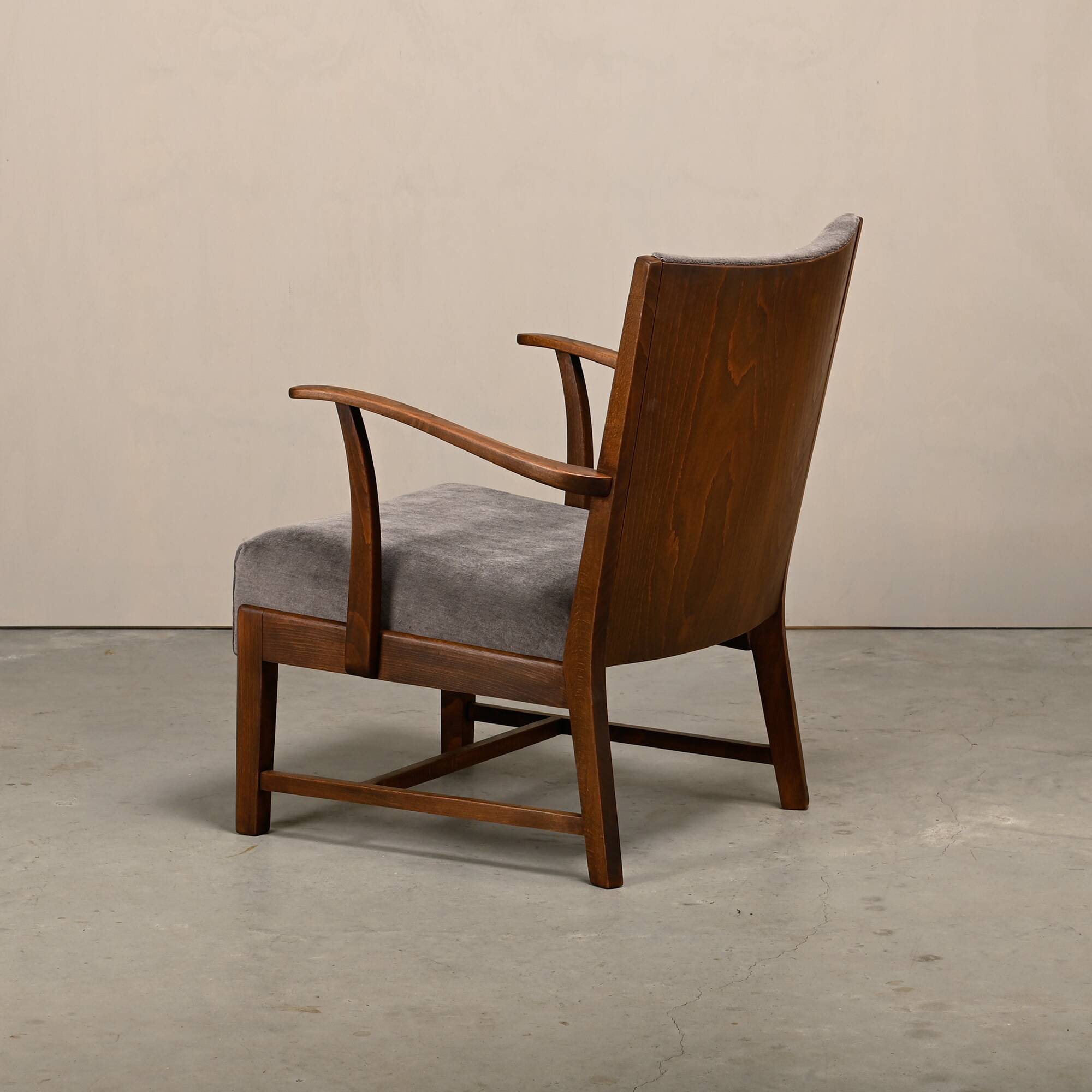 Fritz Hansen Armchair in stained beech wood and warm Grey Mohair, 1940s