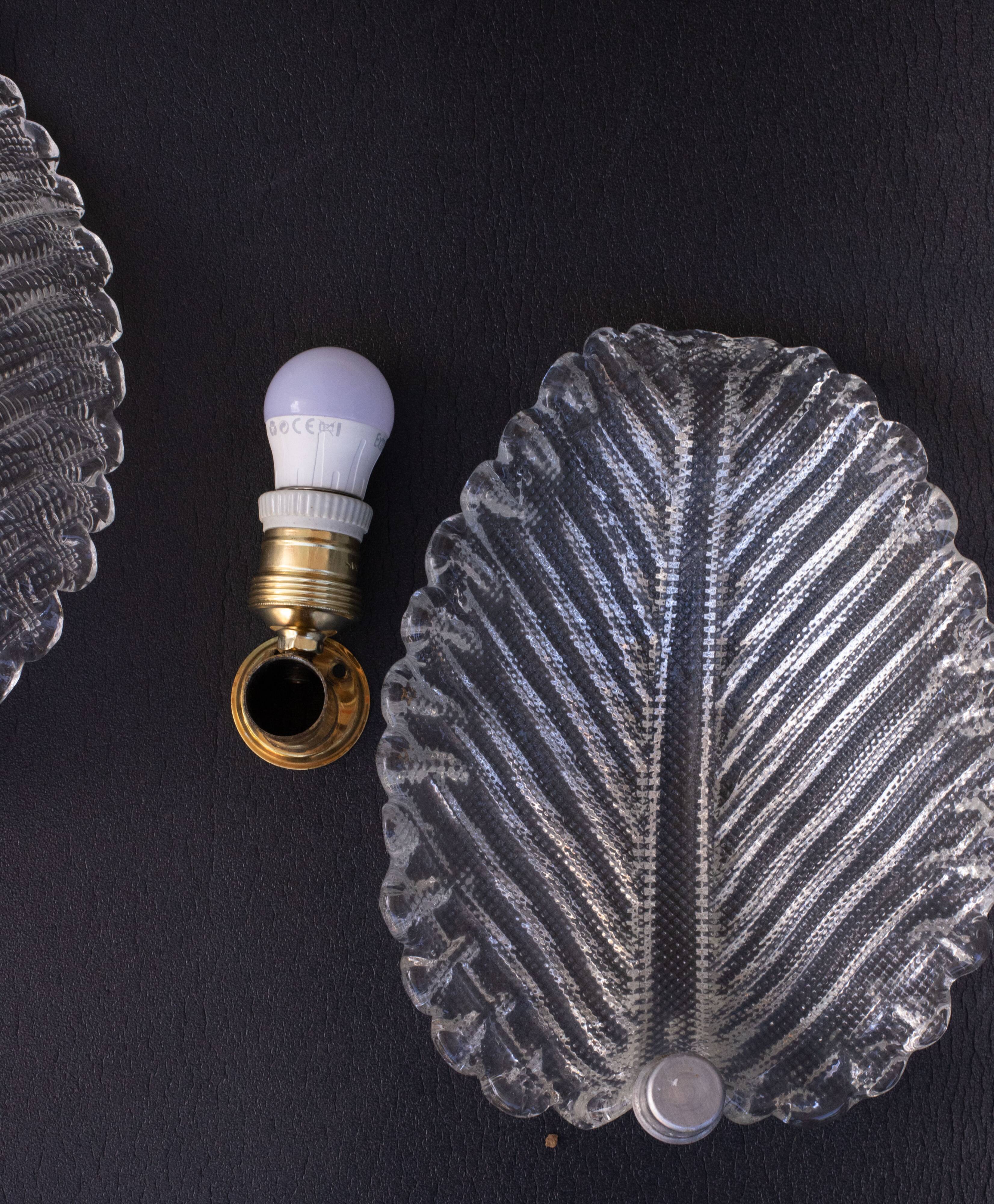 Set of 2 Wall light Trasparent Murano Glass Leave by Barovier e Toso, 1940s