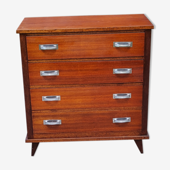 Chest of drawers of the 50s in mahogany golden compass feet 4 drawers