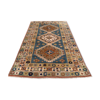Old Turkish Kazak Rug 223x137 cm vintage tribal carpet, Red and Blue Large