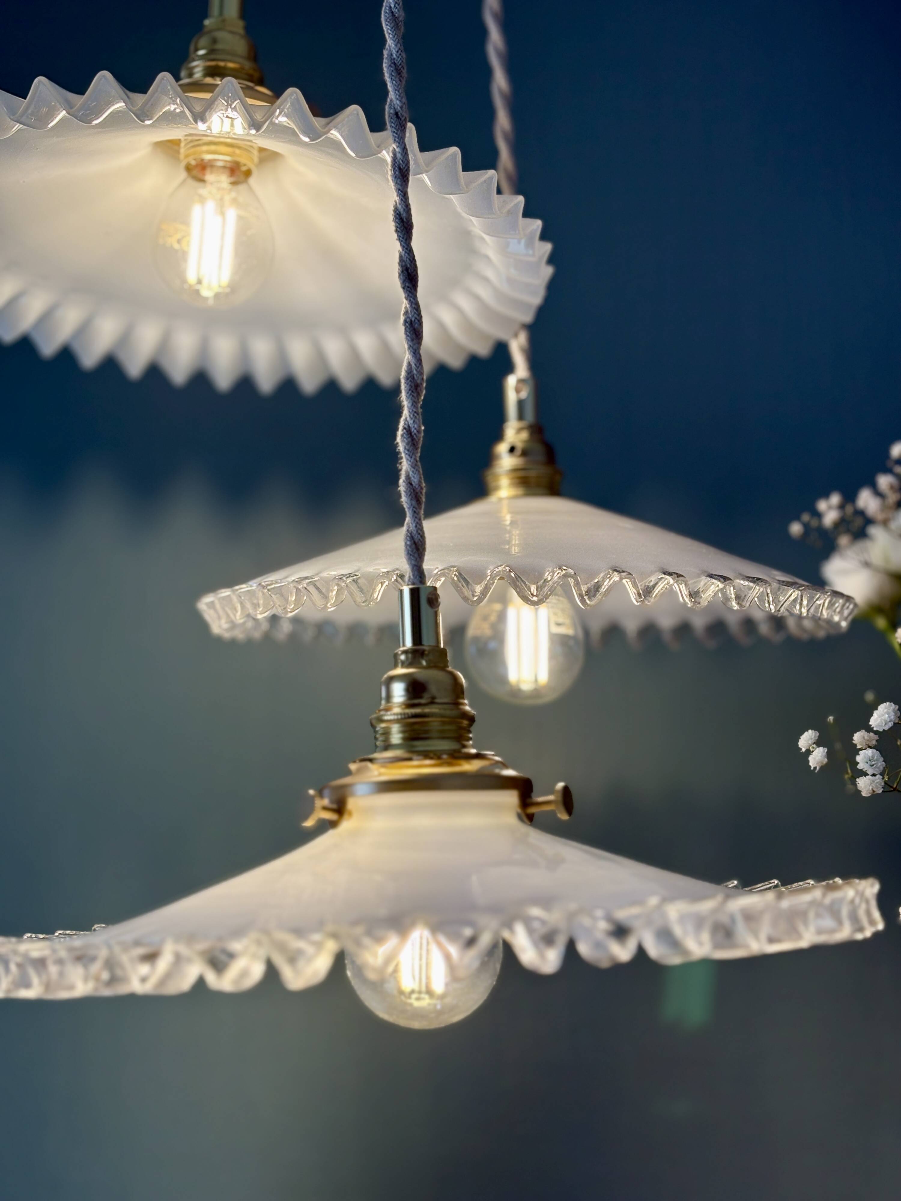 Vintage triple pendant lamp in white opaline