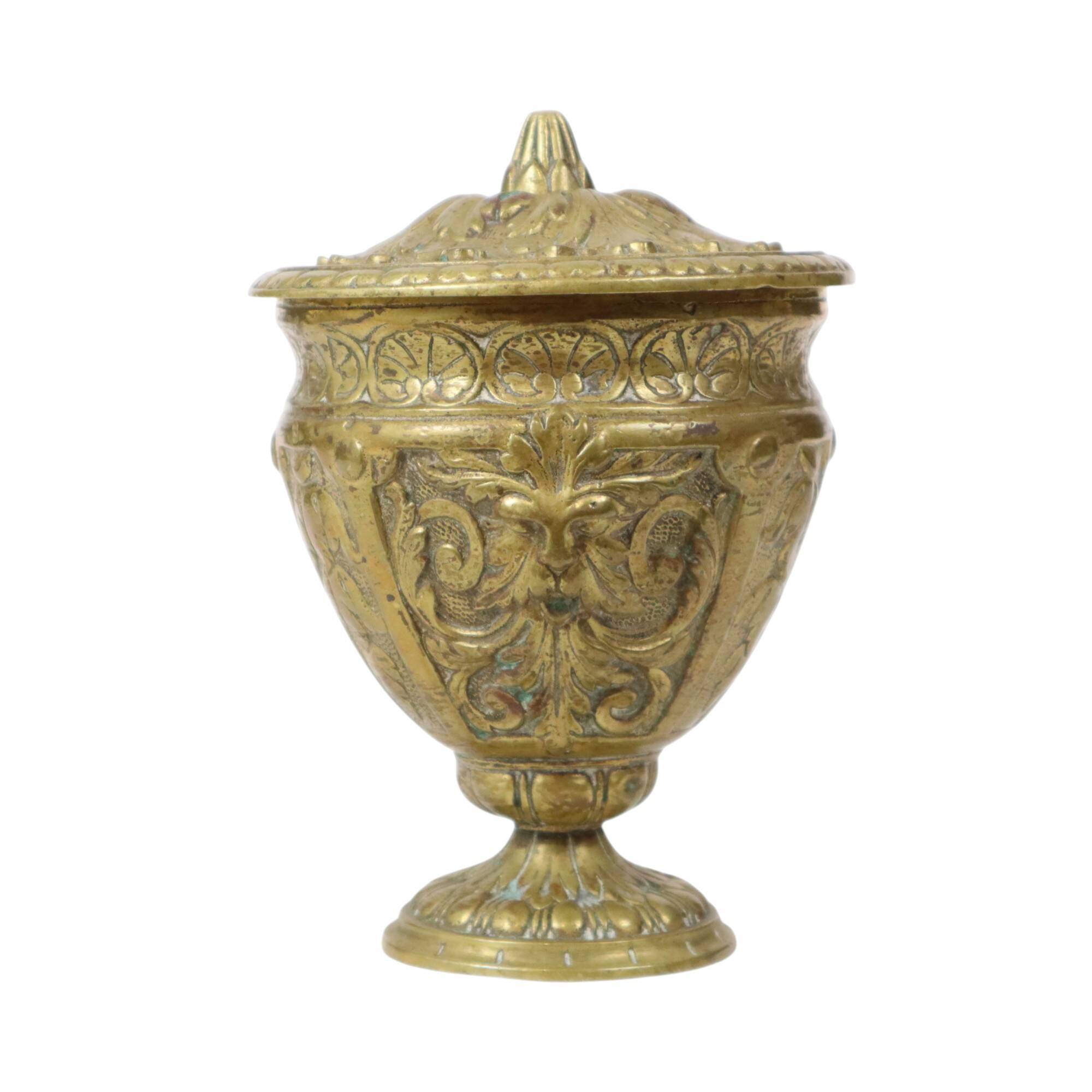 Old Brass Cup Goblet with Lid Mythical Figure 14cm