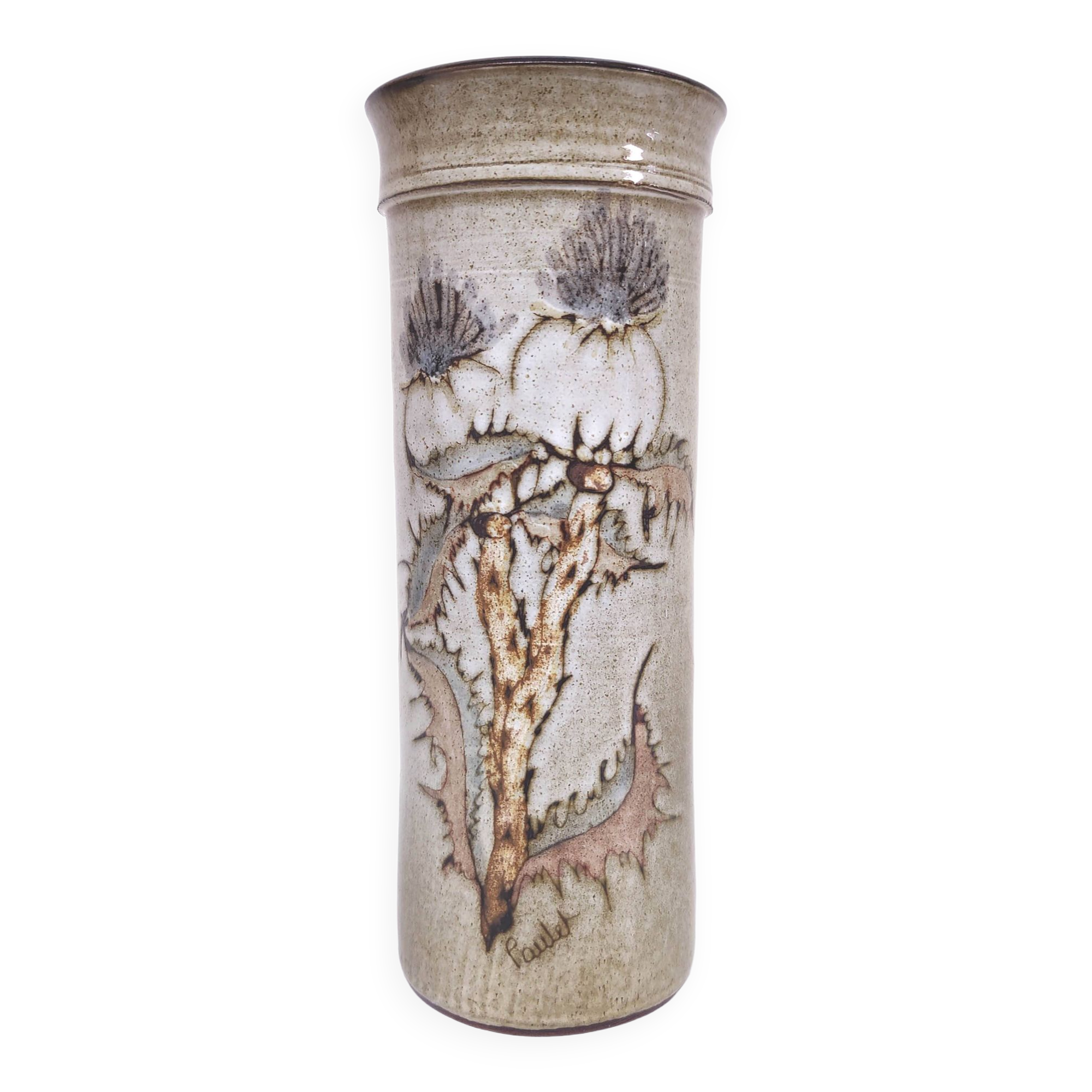 Ceramic vase decorated with thistle flowers signed Paulet