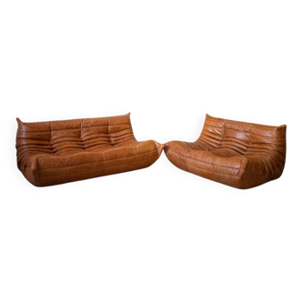 Set of pine leather Togo 2- and 3-seater sofas attributed to Michel Ducaroy for Ligne Roset, set of 2