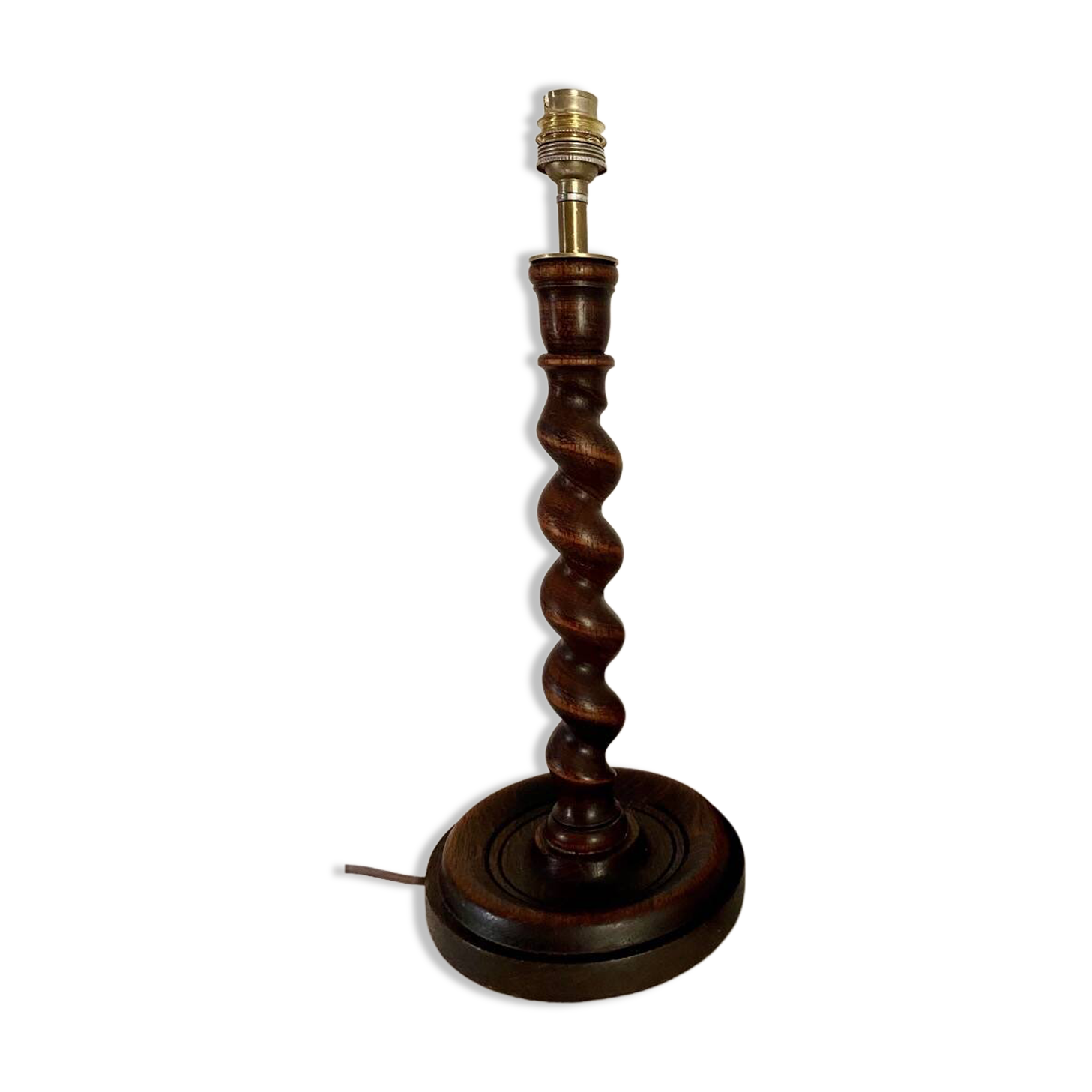 Turned wooden lamp base, fabric cable