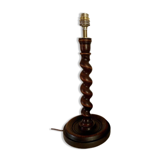 Turned wooden lamp base, fabric cable