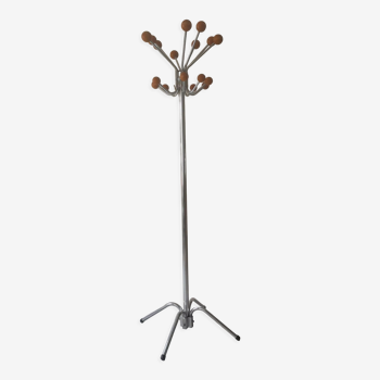 Rotatable parrot coat rack in chrome and wood, design 1970