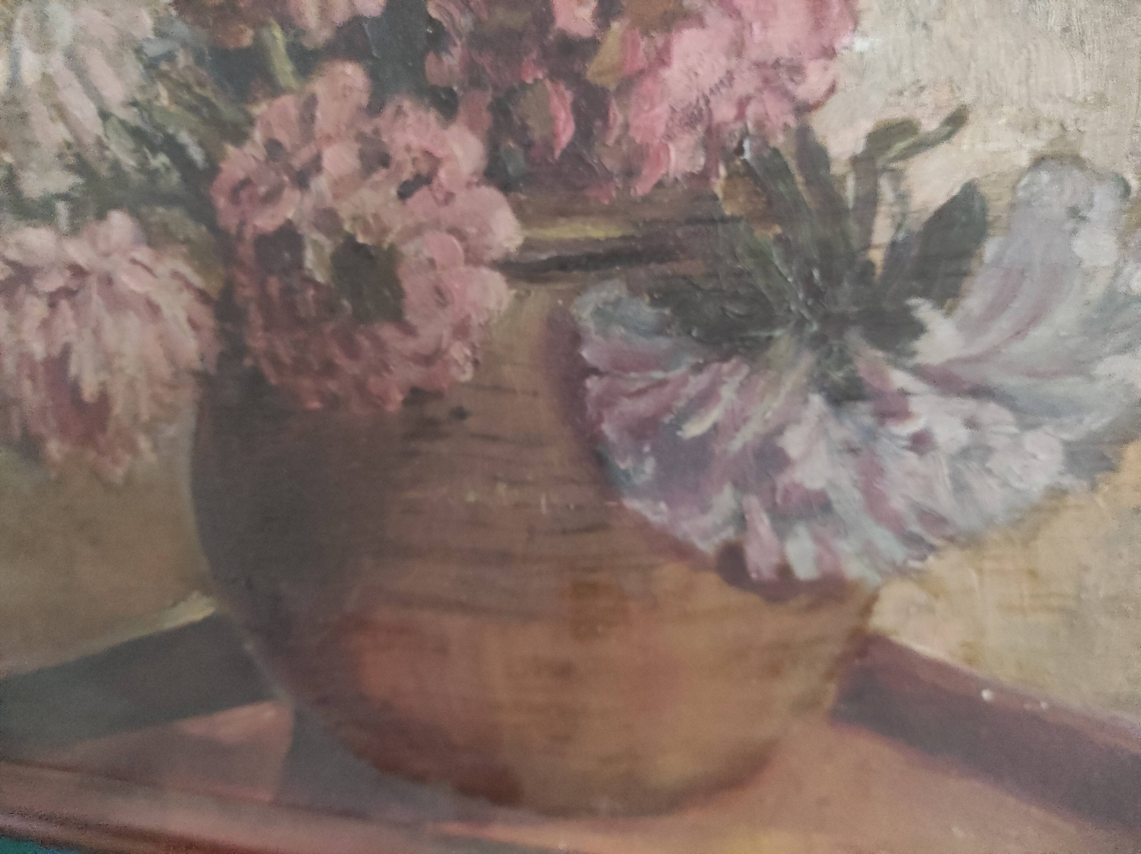 Vintage French oil painting of chrysanthemums