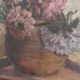 Vintage French oil painting of chrysanthemums