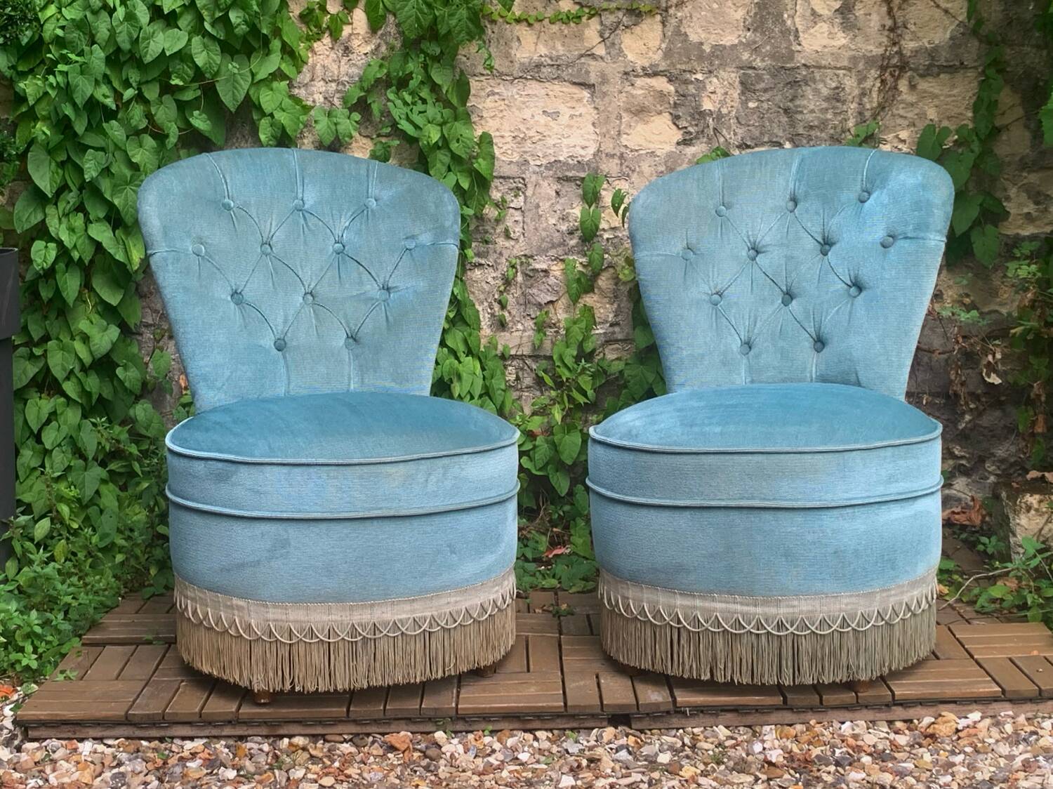 Pair of vintage blue velvet upholstered toad armchairs from the 1970s