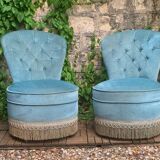Pair of vintage blue velvet upholstered toad armchairs from the 1970s