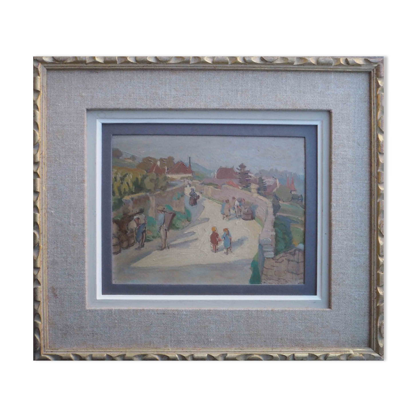 Painting scene of harvest in village around 1950