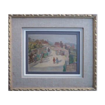 Tableau scène de vendanges en village vers 1950