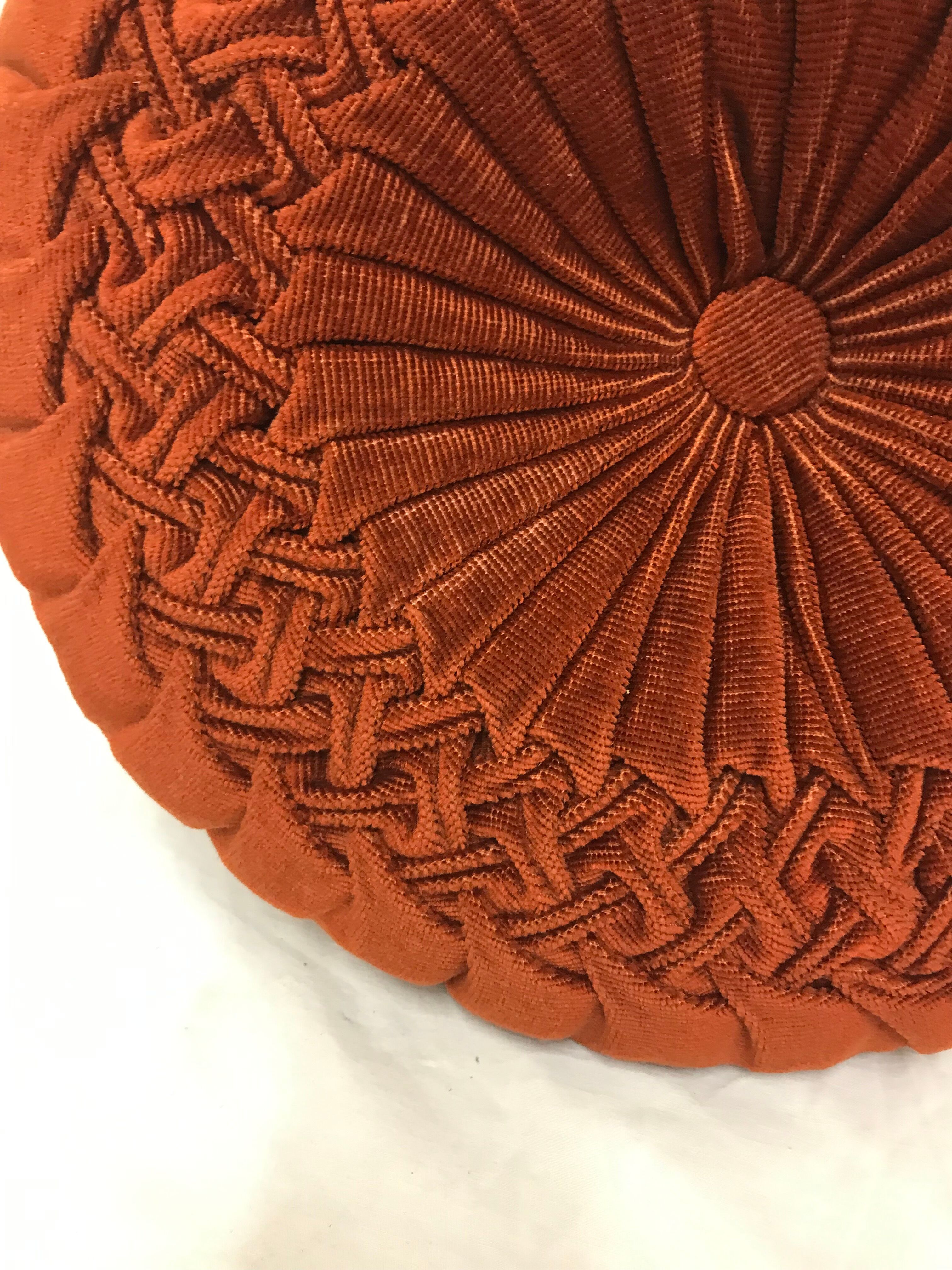 Round pleated cushion in vintage orange brown ribbed velvet