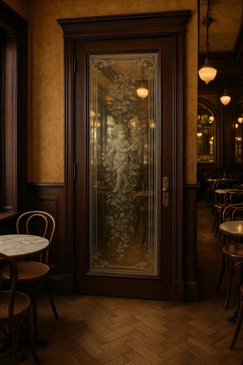 Etched glass door, 1890s