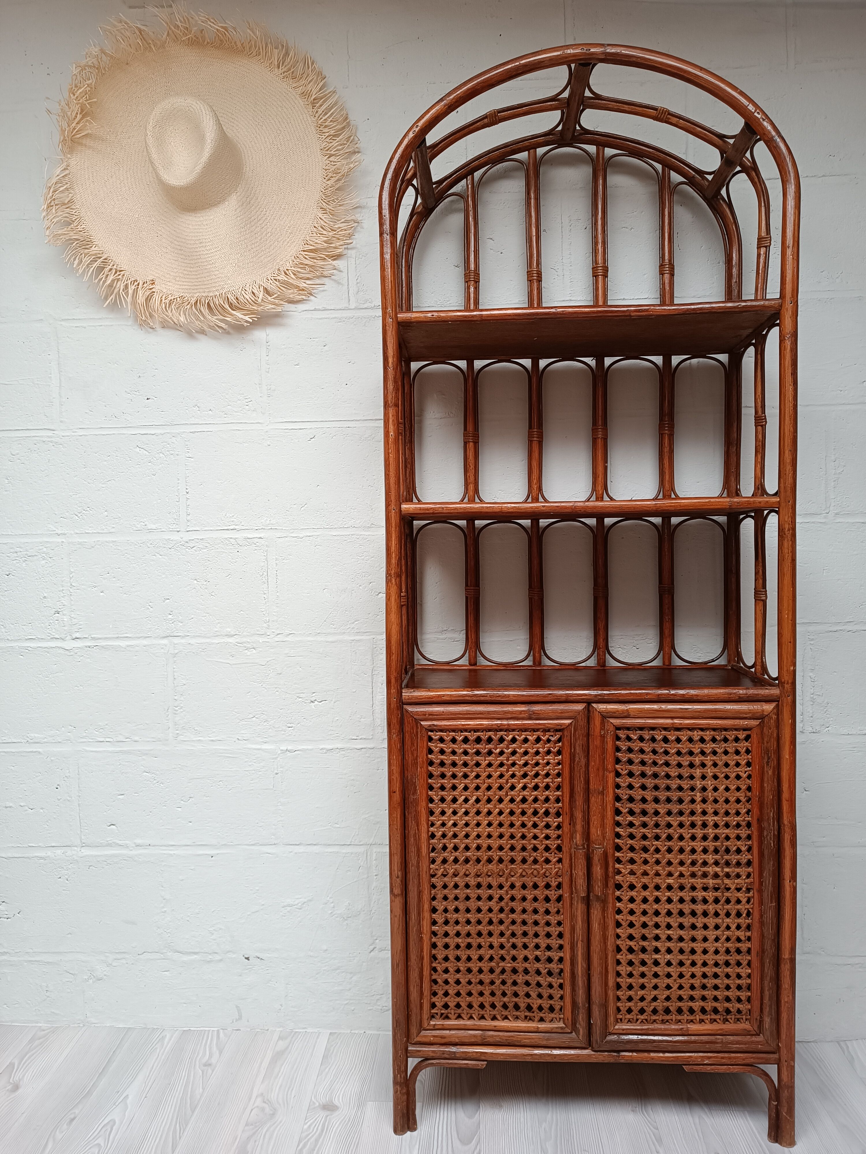 Vintage bamboo bookcase and canning