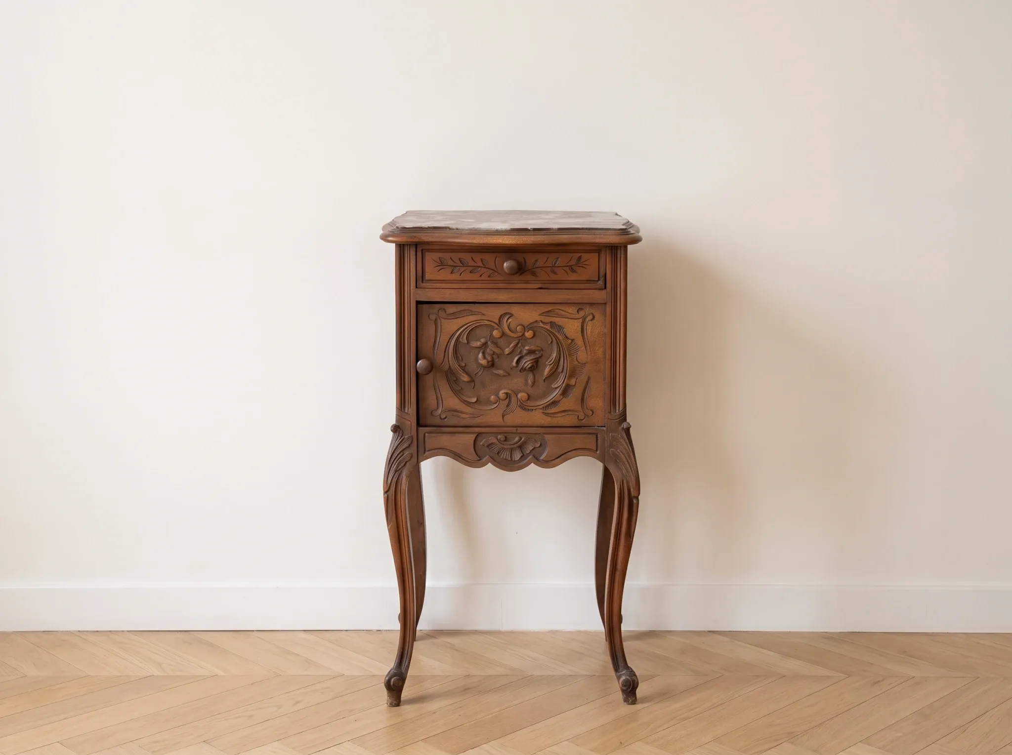 Antique Louis XV style bedside table in wood and marble.
