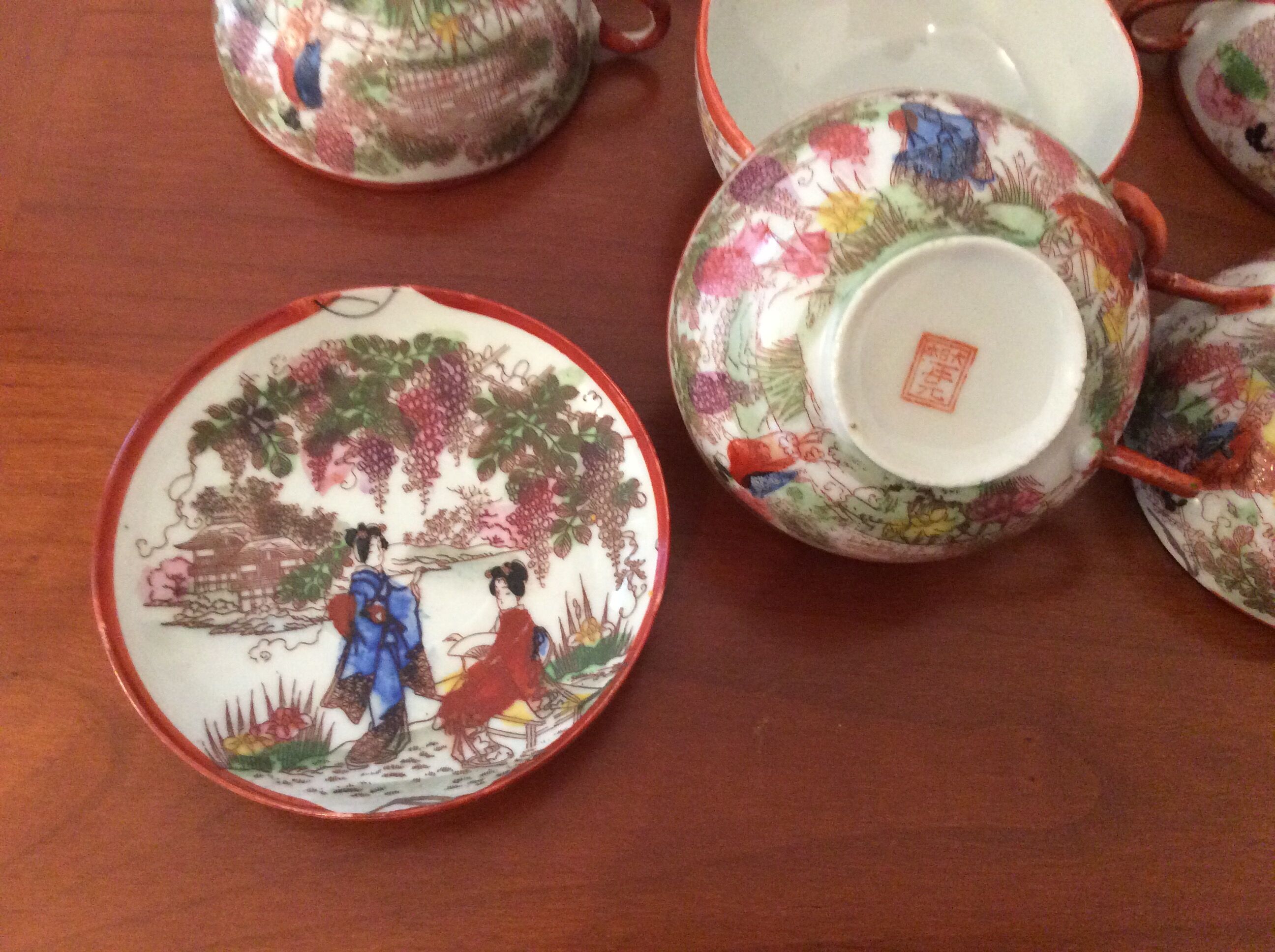 Set of 8 very old fine porcelain cups Japan and 2 under cups