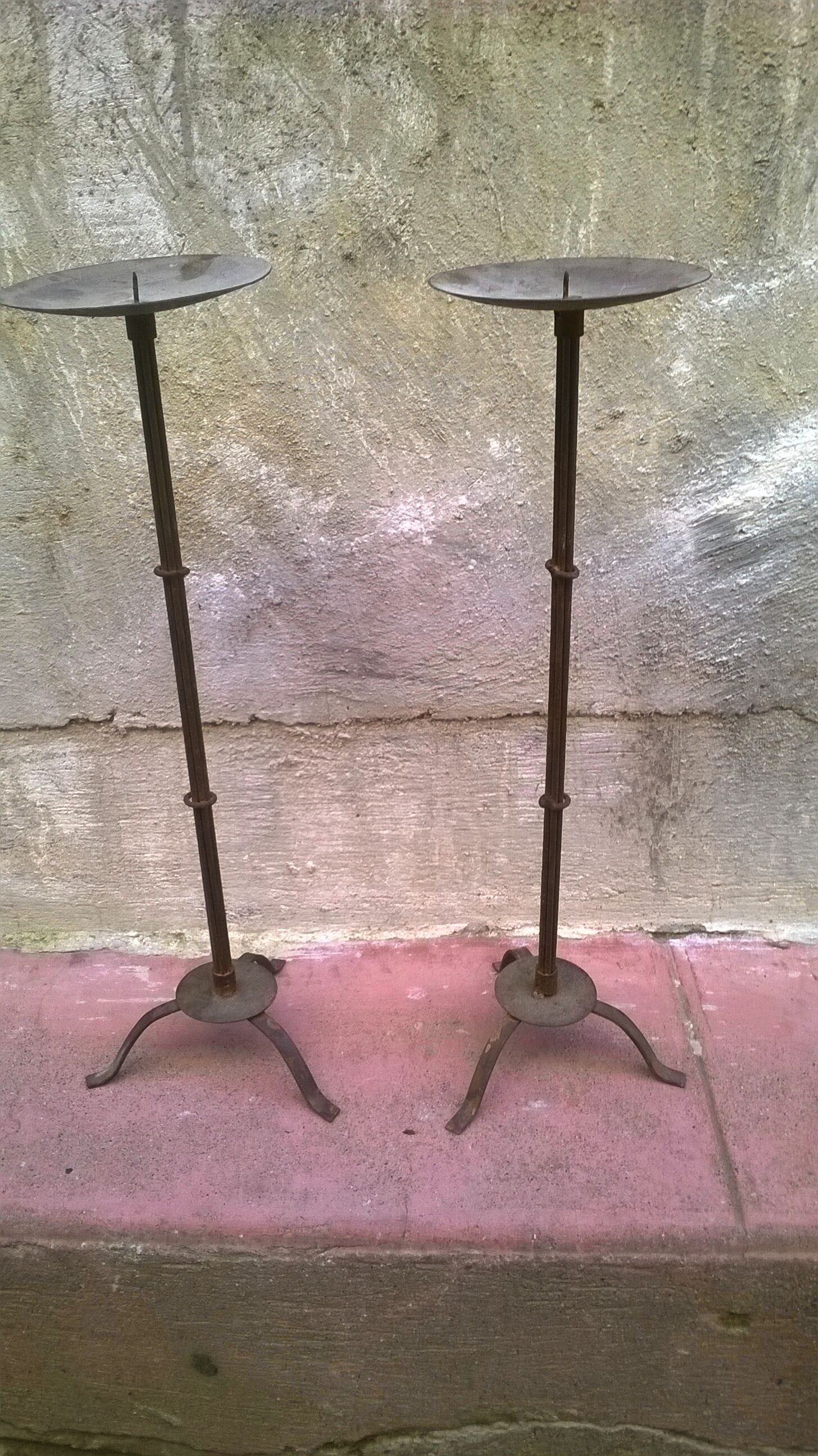 Pair of wrought iron candle spikes