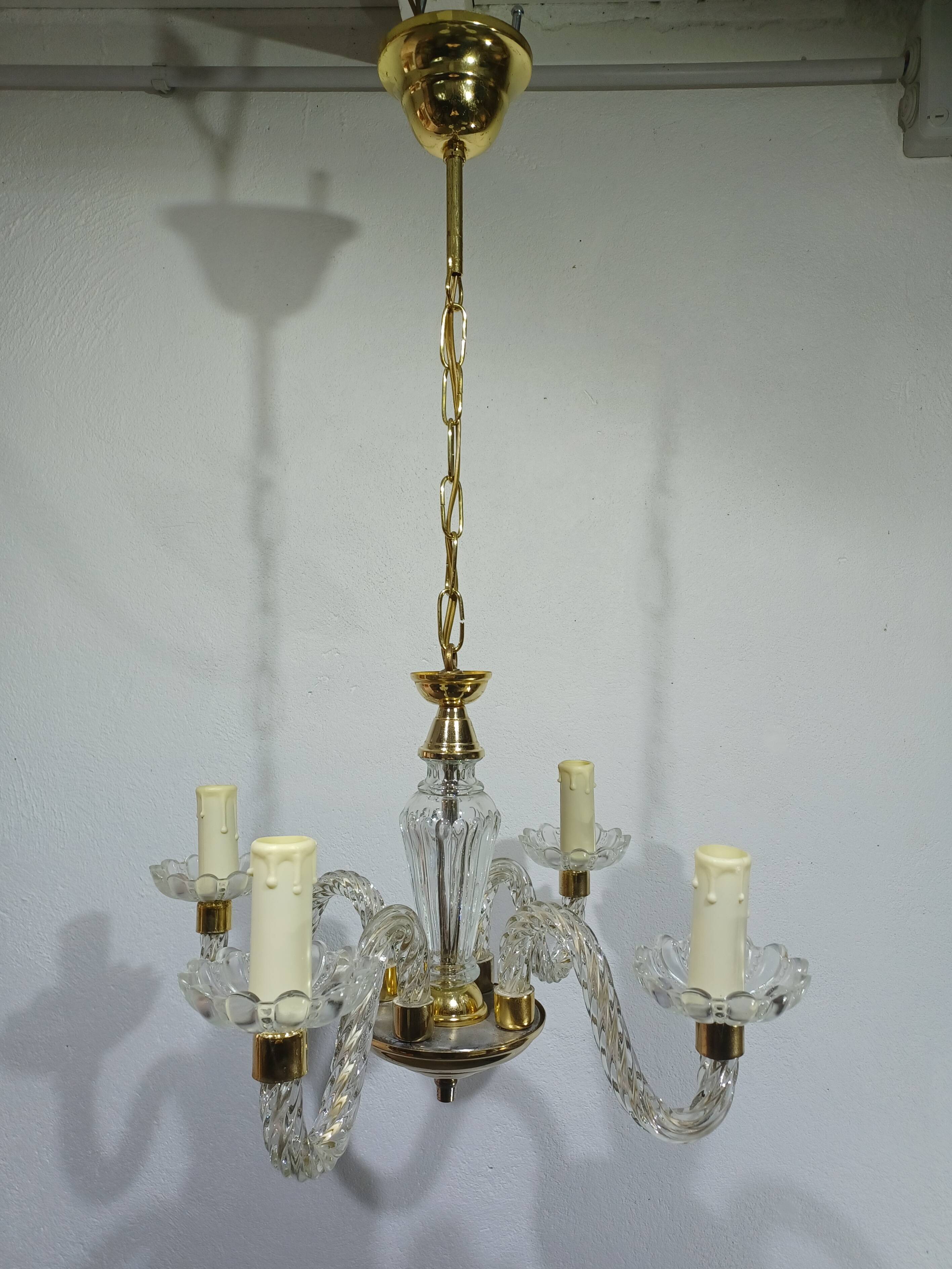 4-light glass and brass chandelier