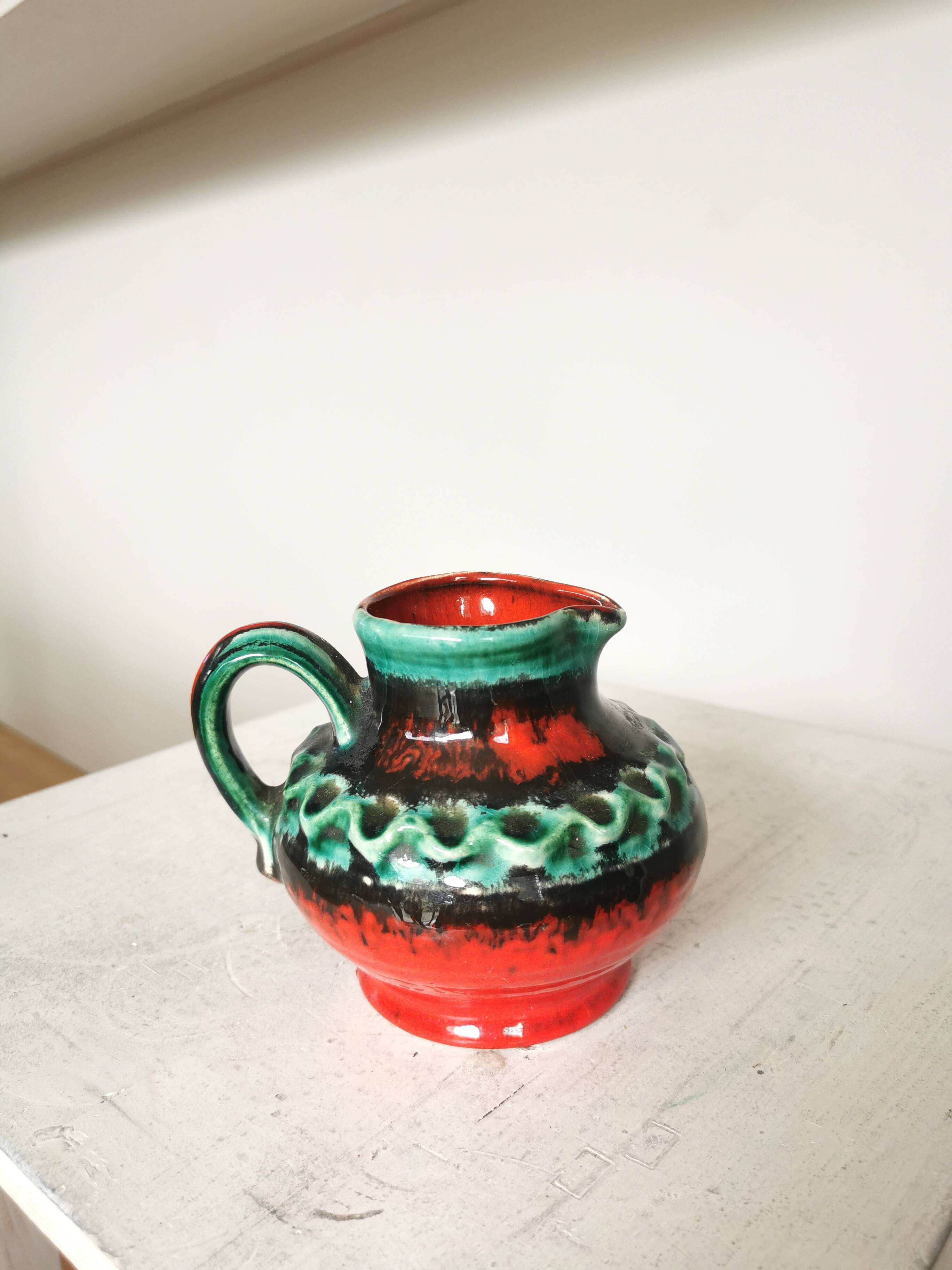 Fat Lava Pitcher Vase: Red Black Green Glaze, West German Pottery