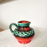 Fat Lava Pitcher Vase: Red Black Green Glaze, West German Pottery
