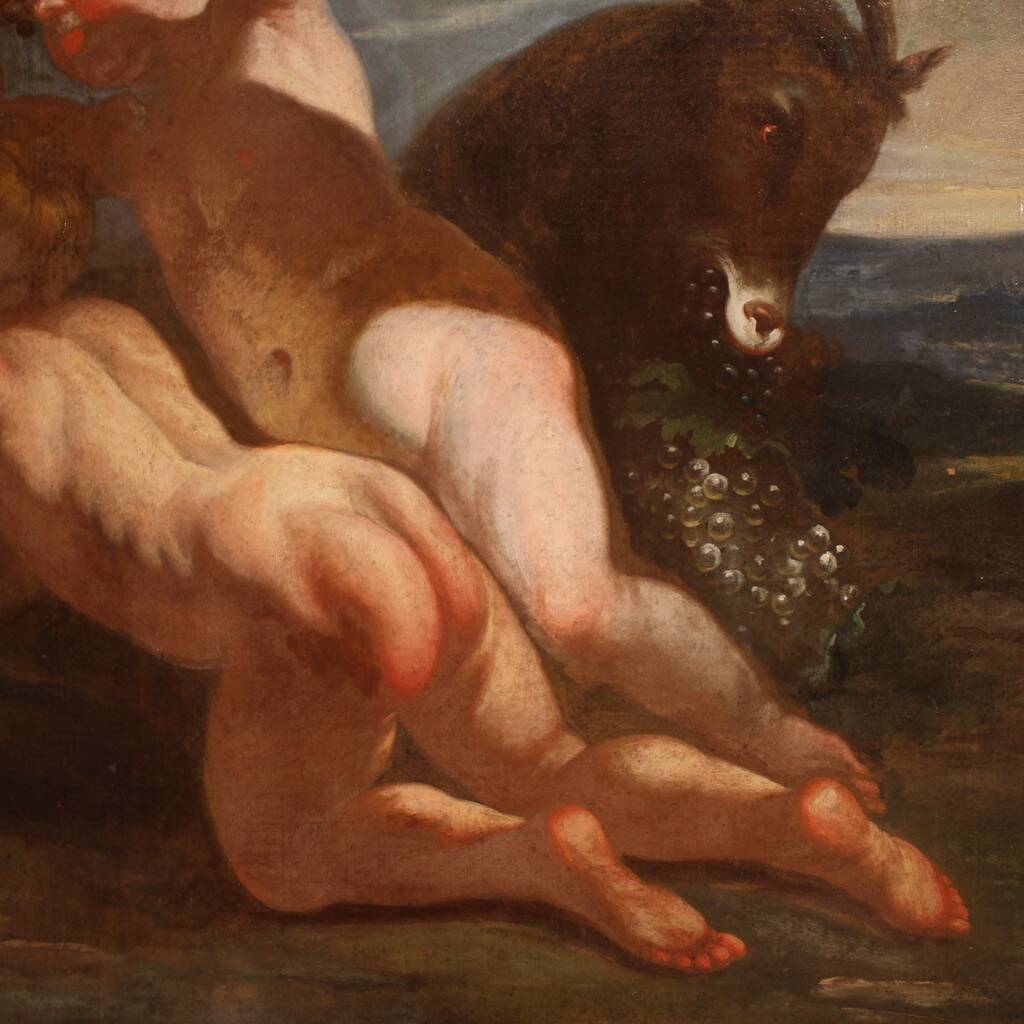 Antique Italian painting from the 17th century, bacchanal of cherubs