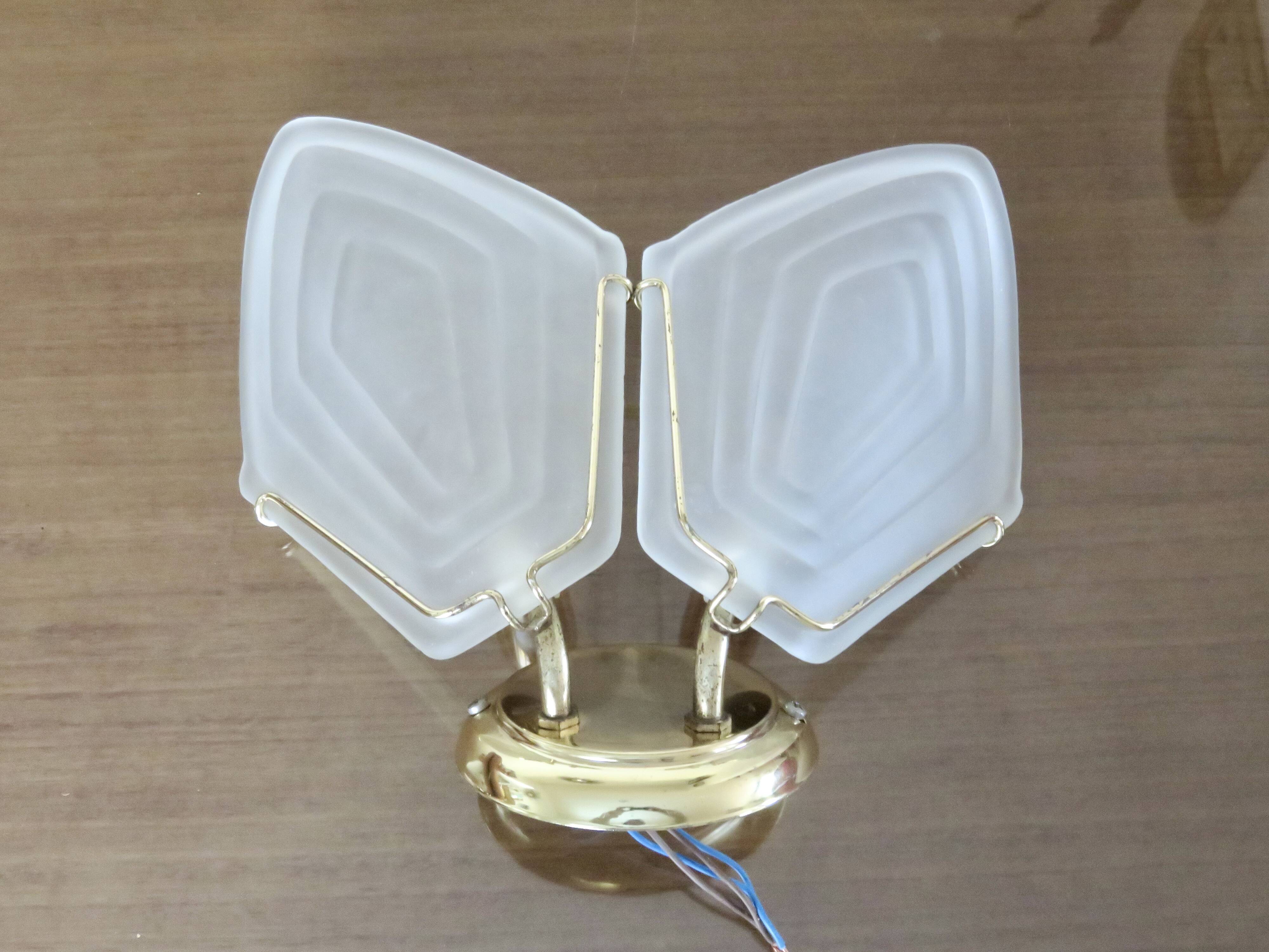 Double wall lamp in frosted glass and gold metal from the 70s