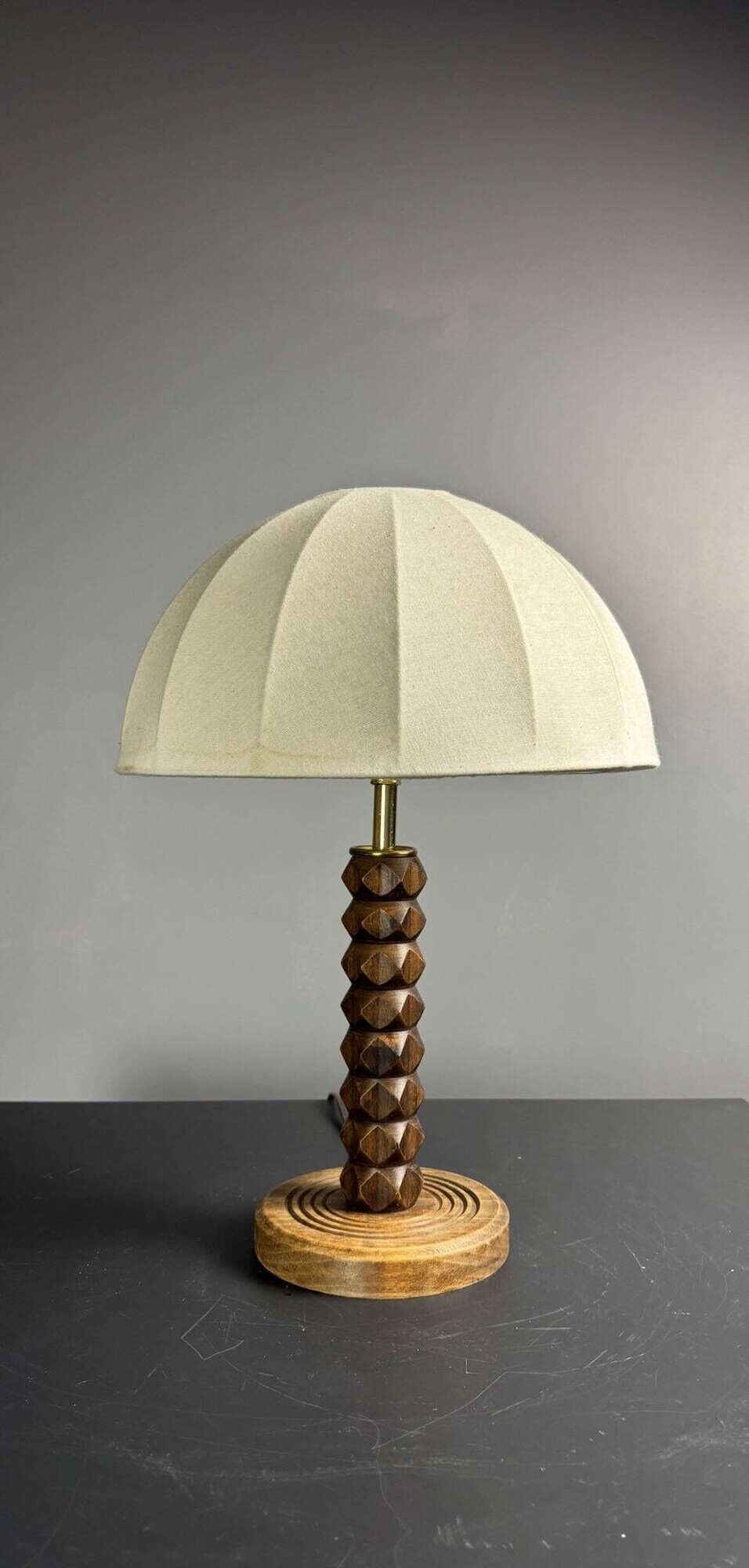 Midcentury brutalist wood turned mushroom table lamp, Charles Dudouyt style