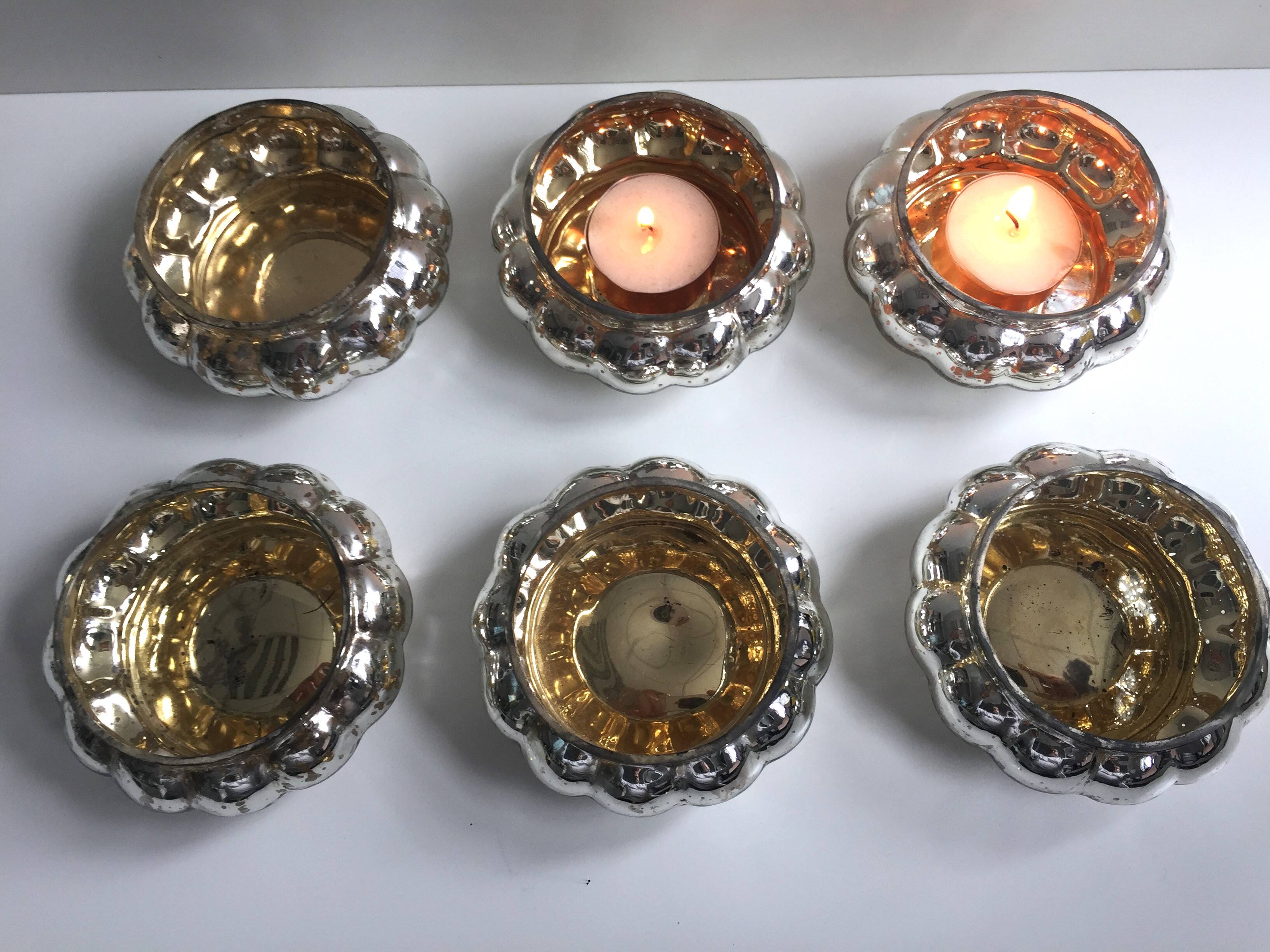 Set of 6 Mercurized Silver Glass Tealight Holders