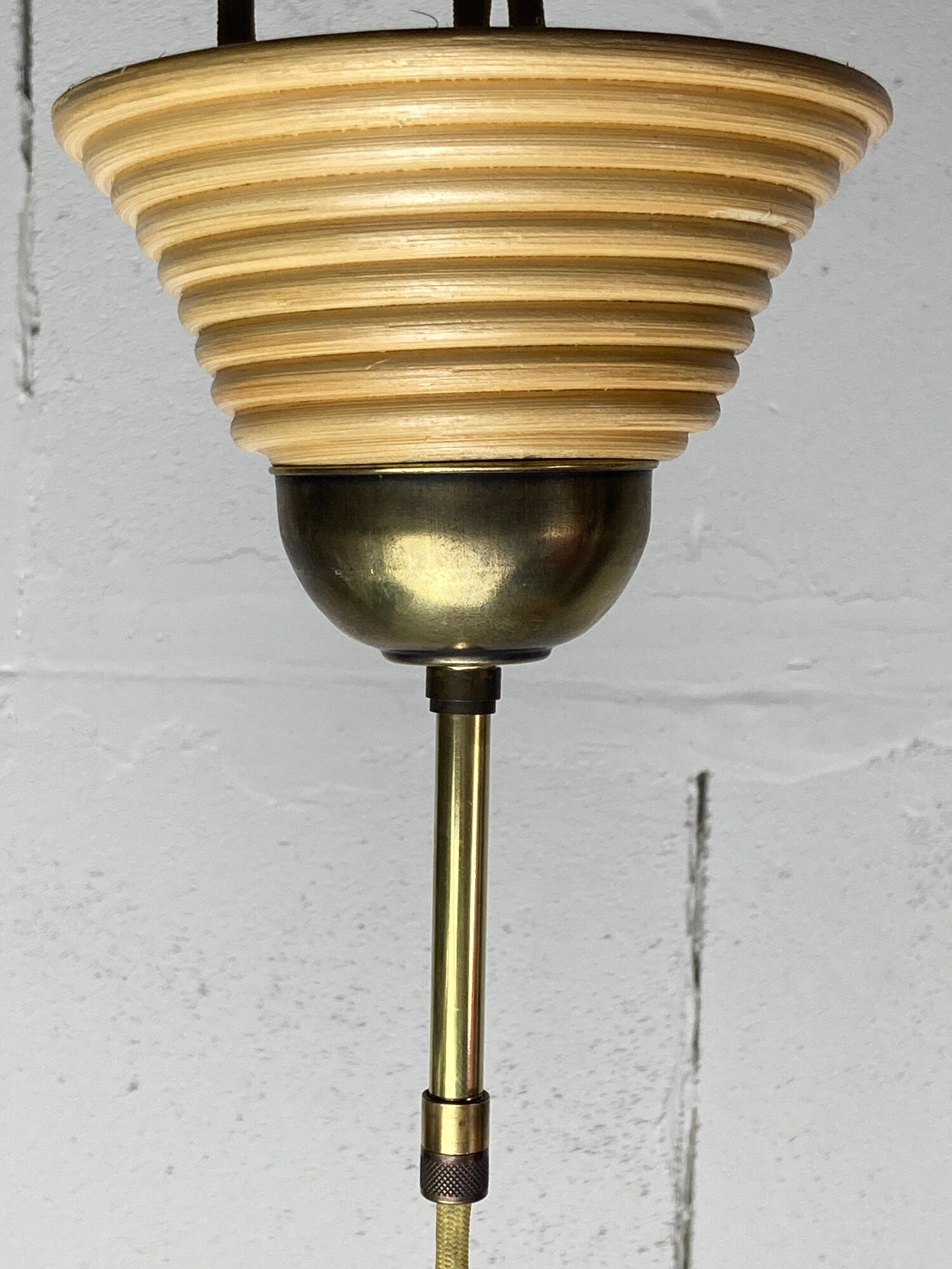 Pair pencil reed rattan bamboo and brass pendants, Italy 1970s