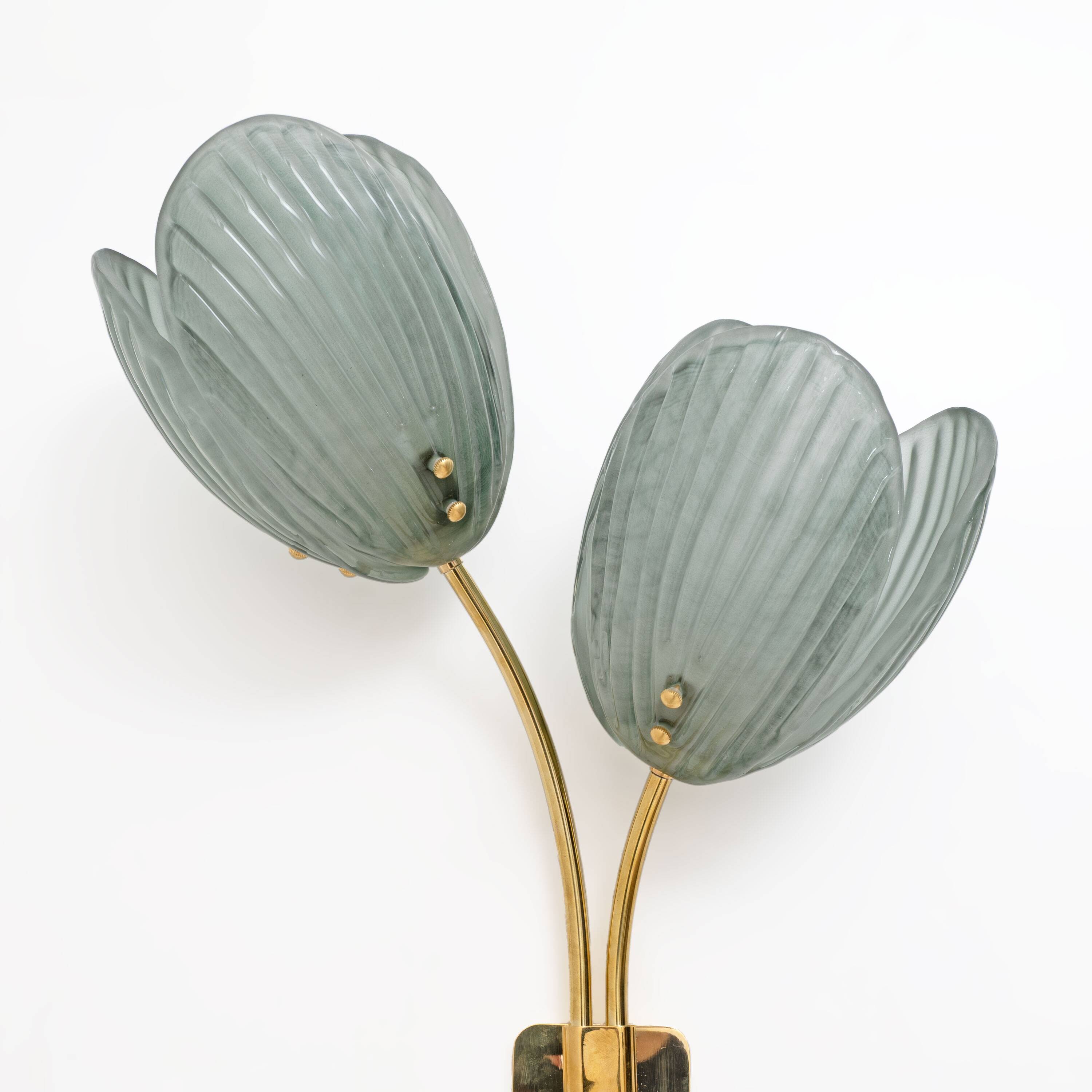 Pair of Tulips Murano Glass and Brass Sconces