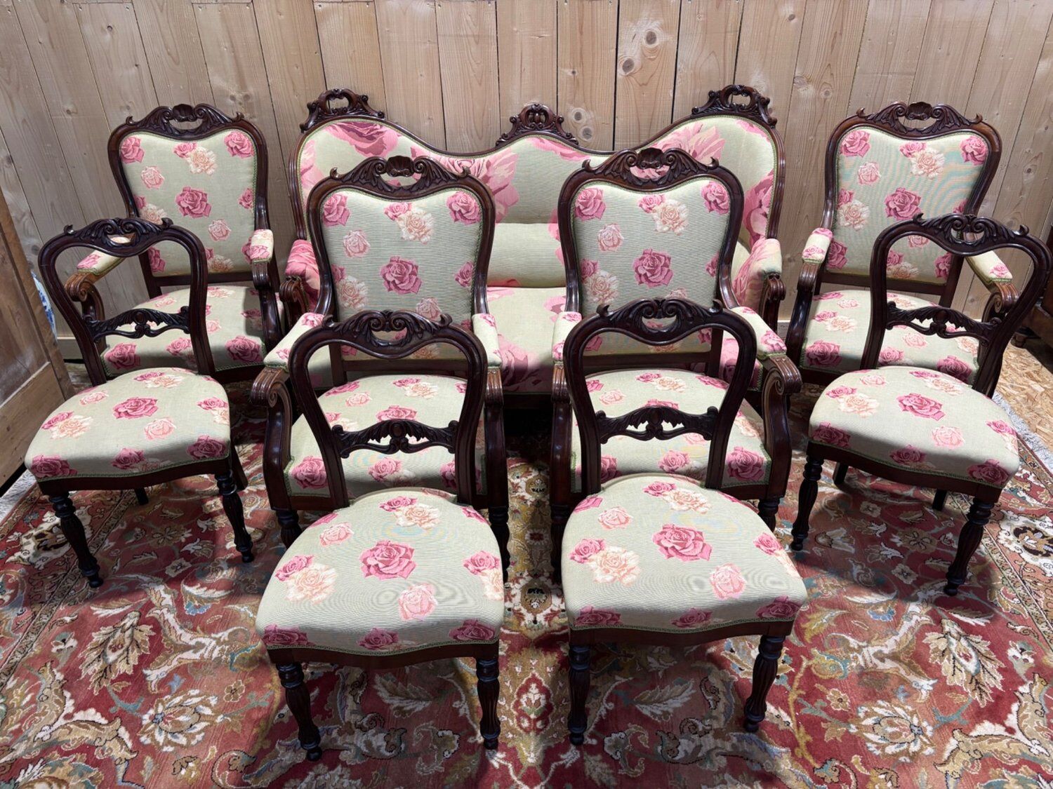 Napoleon III salon set 9 pieces solid mahogany rose fabric