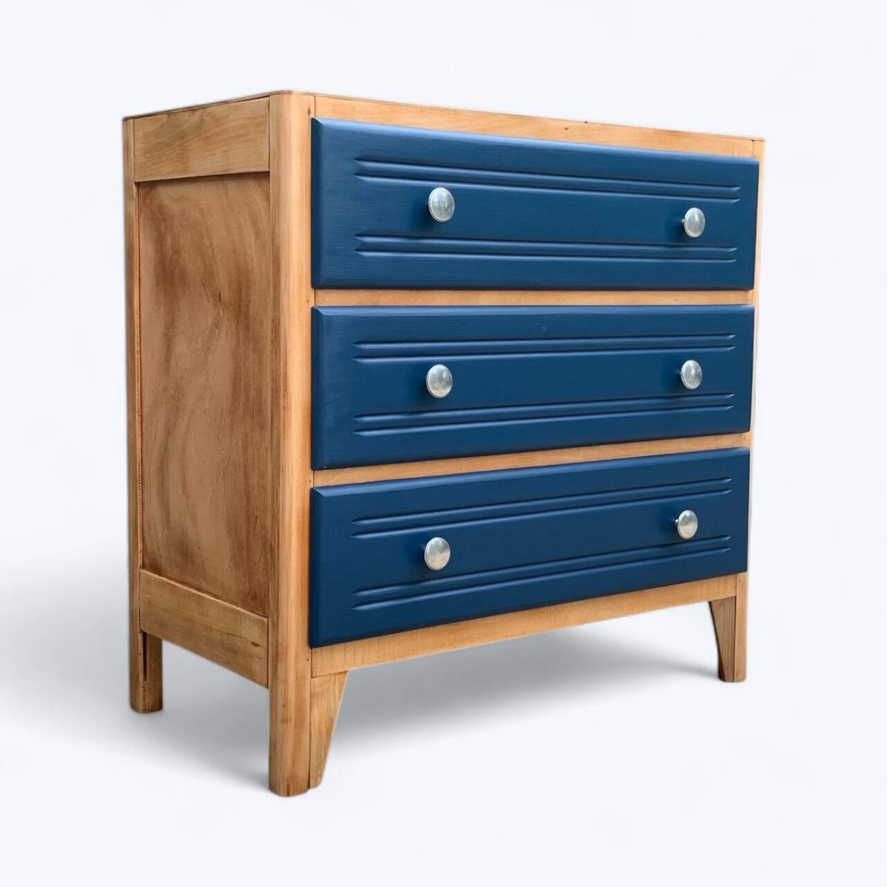 Art Deco chest of drawers in raw wood and blue, 1940