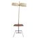 Brass and lacquered metal floor lamp with a wooden magazine shelf.