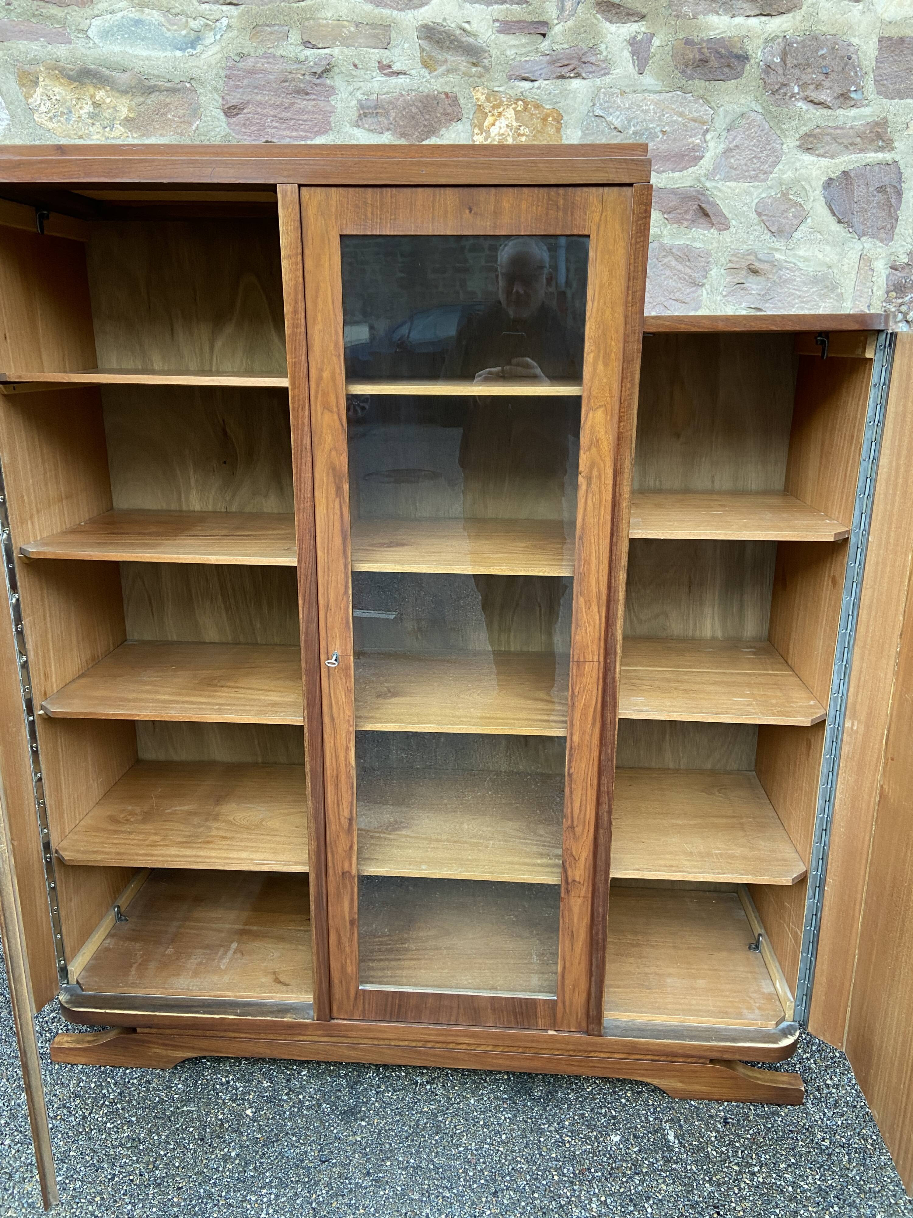 Mid-century art-deco library display case vintage 1950 burl walnut