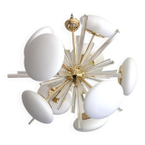 Contemporary Triedro and White Murano Glass Sputnik Gold Chandelier