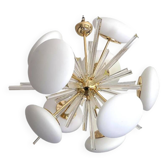 Contemporary Triedro and White Murano Glass Sputnik Gold Chandelier